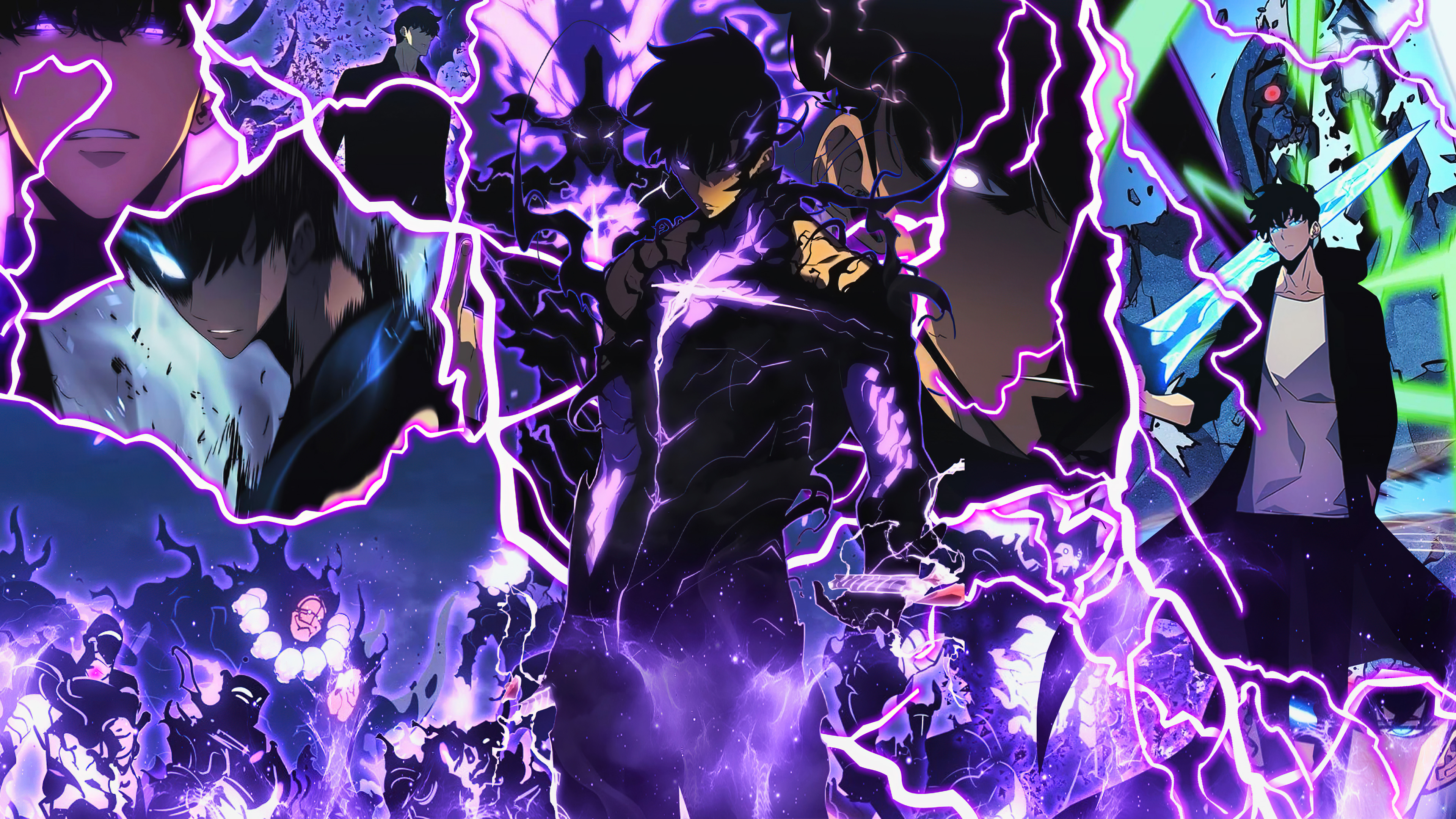 Sung Jin-Woo's transformation from E-Rank hunter to Shadow Monarch, lightning and shadow army silhouettes behind him