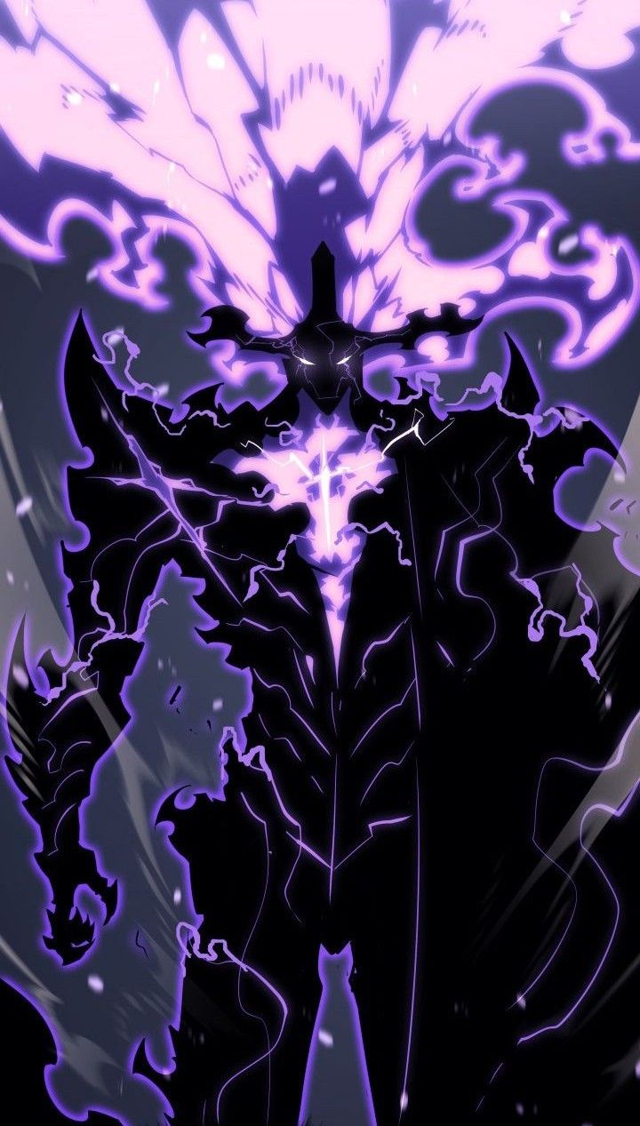 Sung Jin-Woo as the Shadow Monarch at full power, dark eyes glowing purple