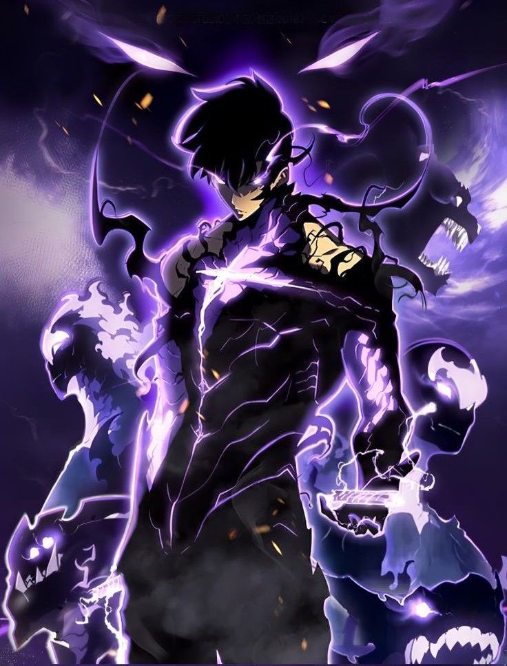 Sung Jin-Woo as the Shadow Monarch, eyes glowing with purple mana